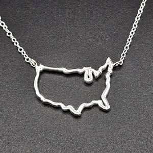 Sterling Silver USA Outline Necklace, 18 Inch, Minimalist Map, 925, 1.75g